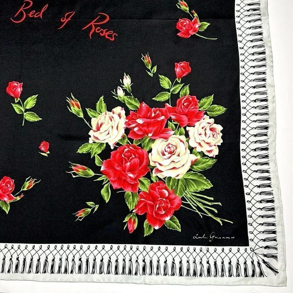 Lulu Guinness Silk Scarf “Life is a Bed of Roses” Black Floral Print Hand Rolled